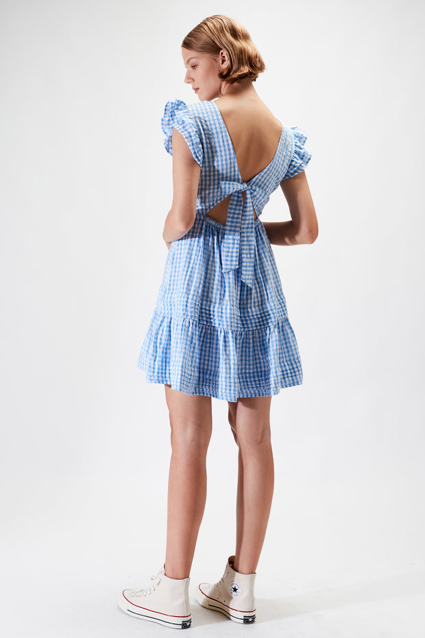 Frida Mini Dress - Light Blue Check - CLEARANCE