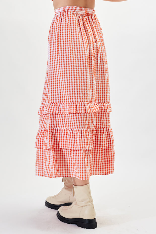 Claire Maxi Skirt - Fire Orange Check - CLEARANCE