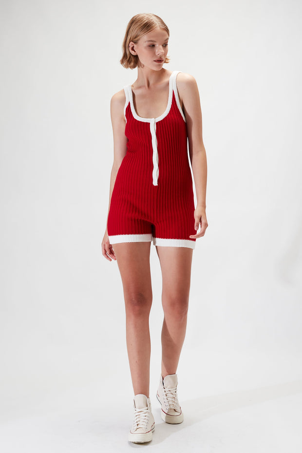 Rosie Knit Romper - Poppy Red White - CLEARANCE