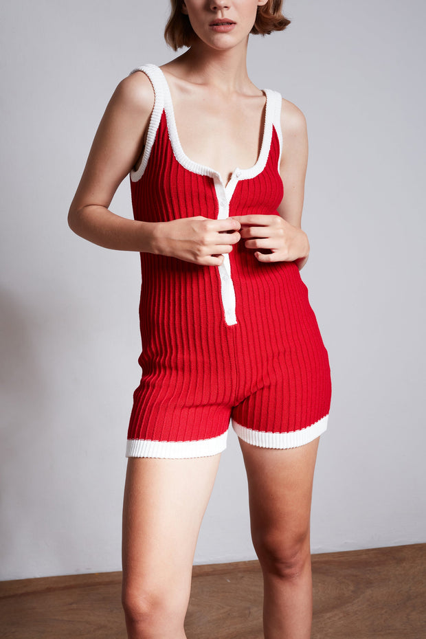 Rosie Knit Romper - Poppy Red White - CLEARANCE